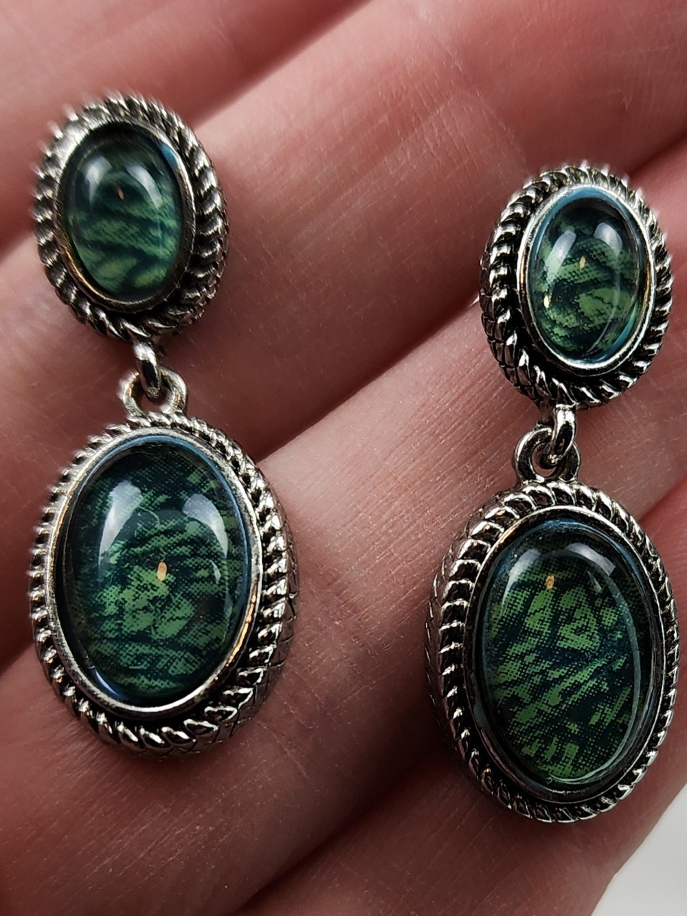 Napier Green Marbled Double-Drop Earrings with Silver-Tone Rope Frames